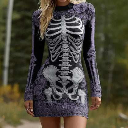 Women's Halloween Skeleton Bones Leather With Rose Pattern Art Hot Sexy Style Cozy Knit Mini Sweater Dress