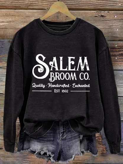 Women's Salem Broom Co Quality Handcrafted Enchanted Est 1692 Printed Round Neck Long Sleeve Sweatshirt