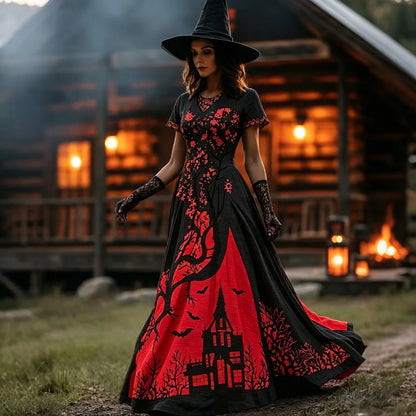 Women's Halloween Gradient Treehouse Design Witch V-neck Short Sleeves Maxi Dress
