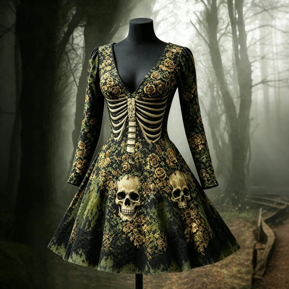 Women's Halloween Skull Flowers Moss Midi Dress