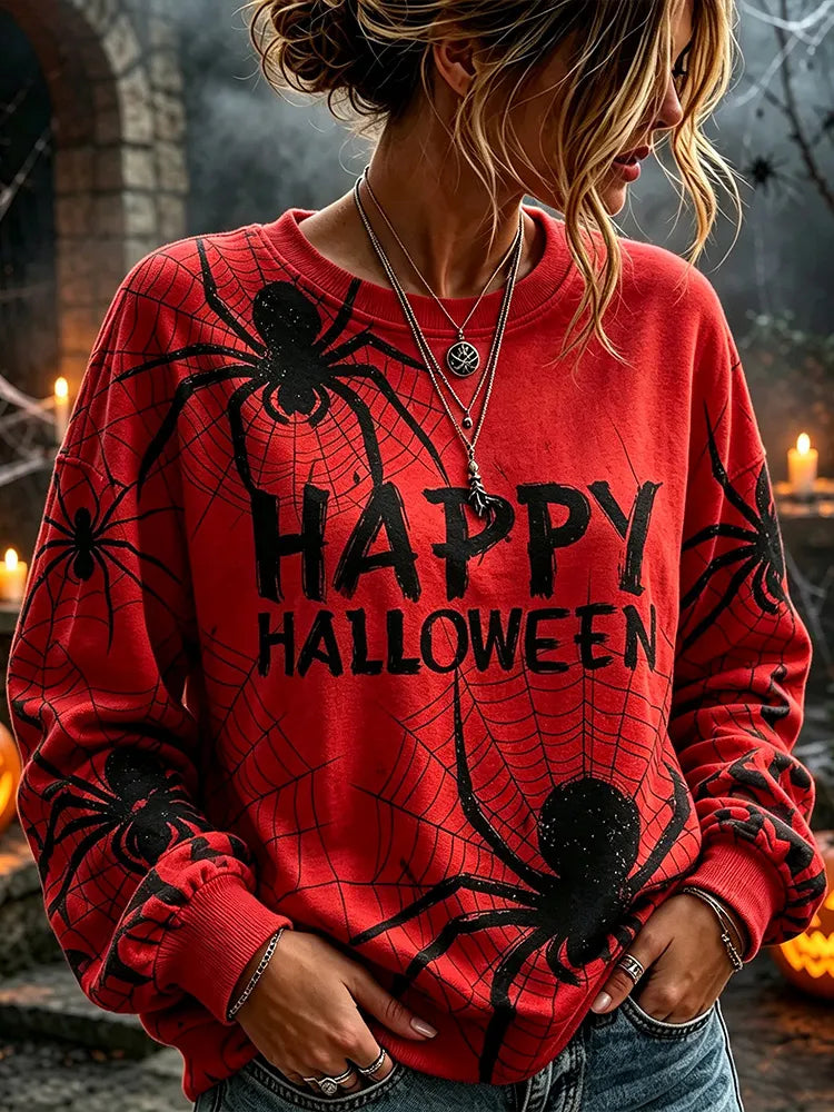 Women's Retro Red Halloween Spiderweb Pattern Crew Neck Sweatshirt