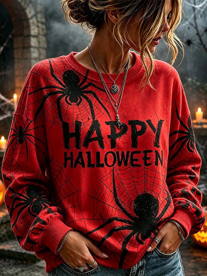 Women's Retro Red Halloween Spiderweb Pattern Crew Neck Sweatshirt