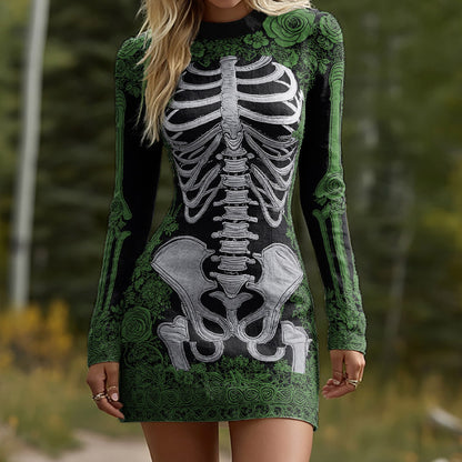 Women's Halloween Skeleton Bones Leather With Rose Pattern Art Hot Sexy Style Cozy Knit Mini Sweater Dress