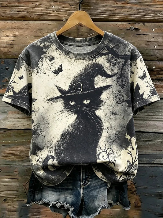 Women's Vintage Gothic Halloween Distressed Washed Witch Black Cat Pattern Short-sleeve T-shirt