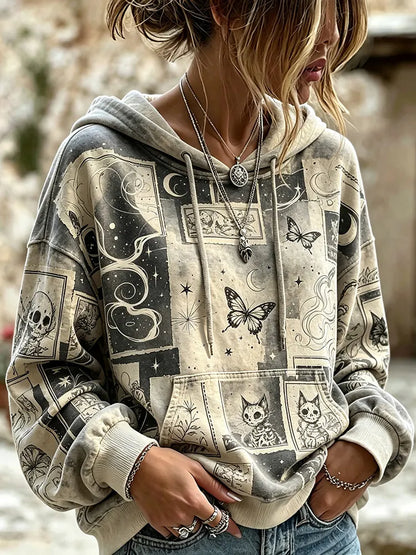 Vintage Distressed Grunge Gothic Collage Print Comic Skeleton Cat Butterfly Moon Hoodie