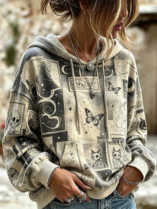 Vintage Distressed Grunge Gothic Collage Print Comic Skeleton Cat Butterfly Moon Hoodie