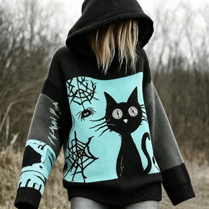Halloween Scared Black Cat Patchwork Stitched Cozy Knit Hooded