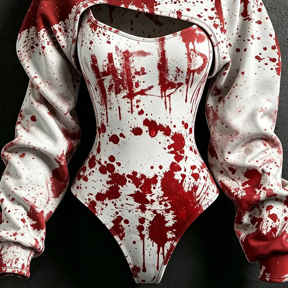 Women's Retro Halloween Bloodstain Hlep Print Hoodie Two-piece Set