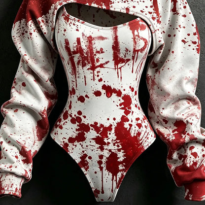 Women's Retro Halloween Bloodstain Hlep Print Hoodie Two-piece Set