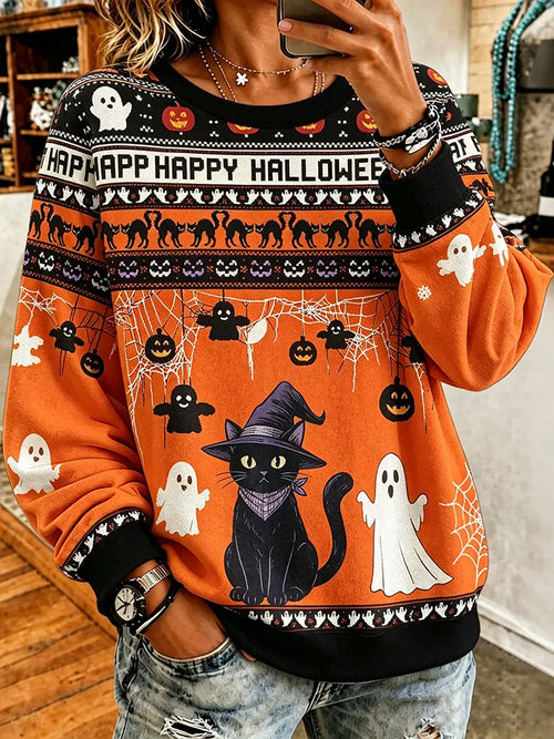 Retro Halloween Black Cat Pumpkin Ghost Retro Print Crew Neck Sweatshirt
