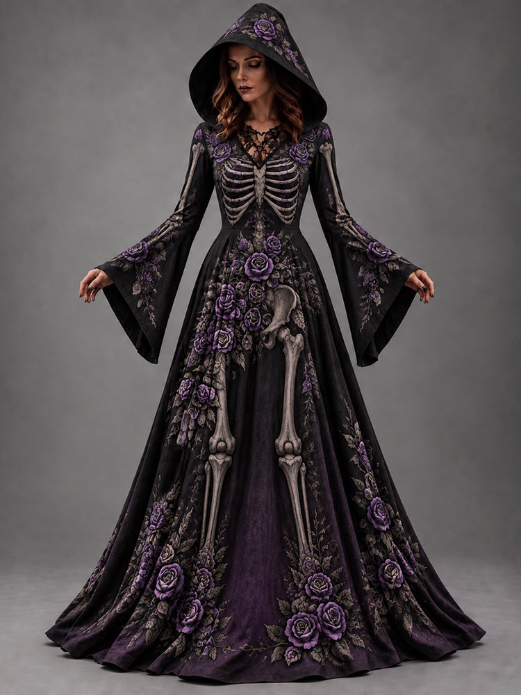 Women's Halloween Gothic Skeleton & Floral Long-sleeve Hooded Long Dress