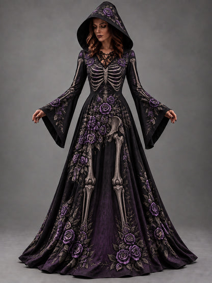 Women's Halloween Gothic Skeleton & Floral Long-sleeve Hooded Long Dress