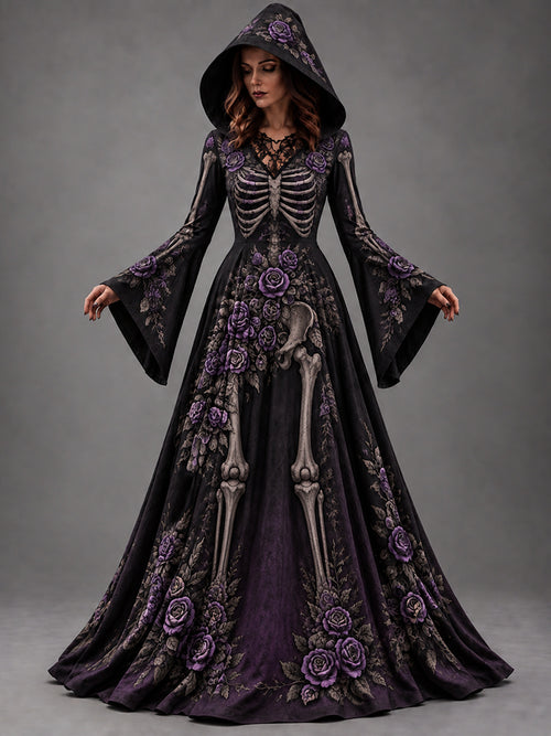 Women's Halloween Gothic Skeleton & Floral Long-sleeve Hooded Long Dress