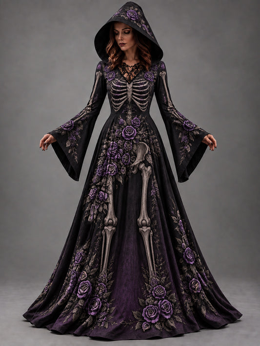 Women's Halloween Gothic Skeleton & Floral Long-sleeve Hooded Long Dress