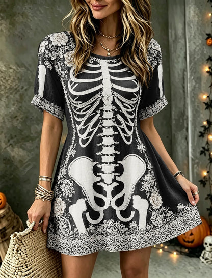 Women's Vintage Halloween Rose And Human Skeleton Art Crew Neck Short Sleeve Mini Dress