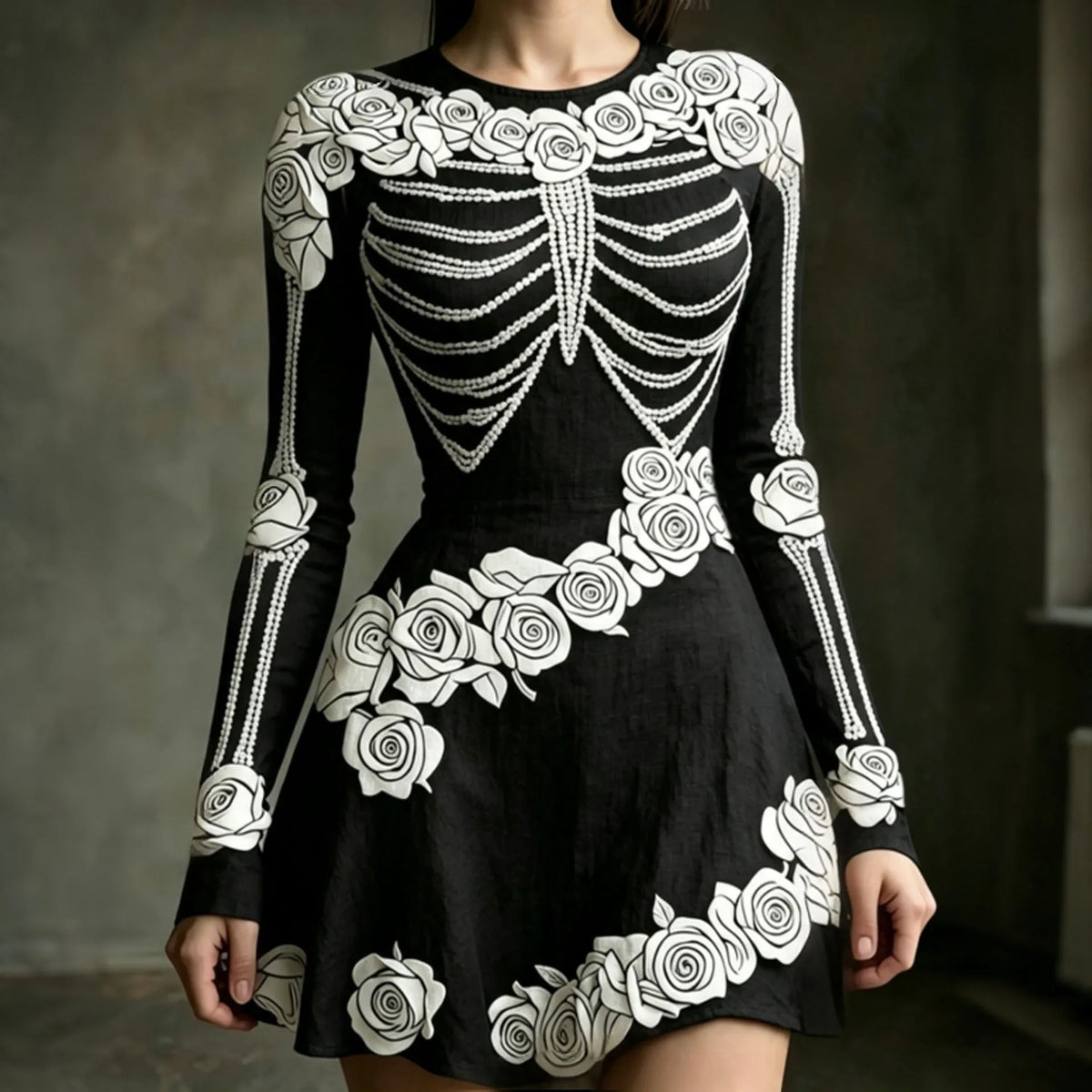Women's Halloween Jacquard Pattern Human Skull With White Rose Art Round-neck Mini Dress
