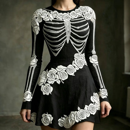 Women's Halloween Jacquard Pattern Human Skull With White Rose Art Round-neck Mini Dress