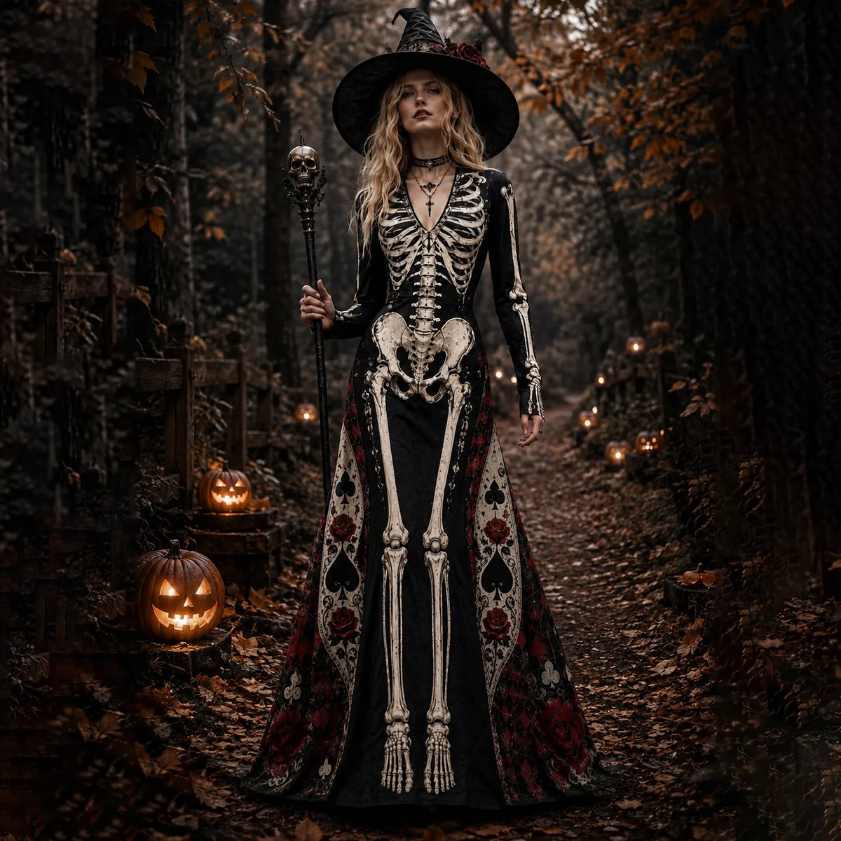 Women's Vintage Halloween Skeleton With Poker Art Comfy Linen Maxi Dress