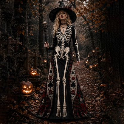 Women's Vintage Halloween Skeleton With Poker Art Comfy Linen Maxi Dress