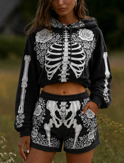 Women's Halloween Funny Skeleton With Roses Cropped Hoodie Shorts 2‑piece Set Party Outfit