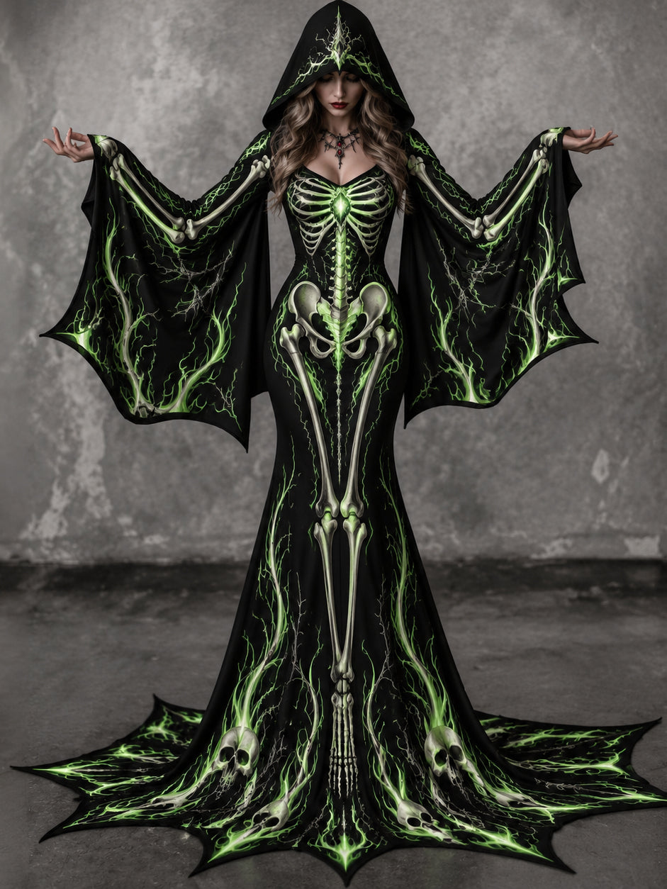 Women's Vintage Gothic Skeleton Batwing Flare Sleeve Round Neck Bodycon Maxi Dress With Hooded – Halloween Costume