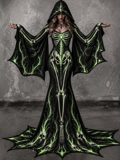 Women's Vintage Gothic Skeleton Batwing Flare Sleeve Round Neck Bodycon Maxi Dress With Hooded – Halloween Costume