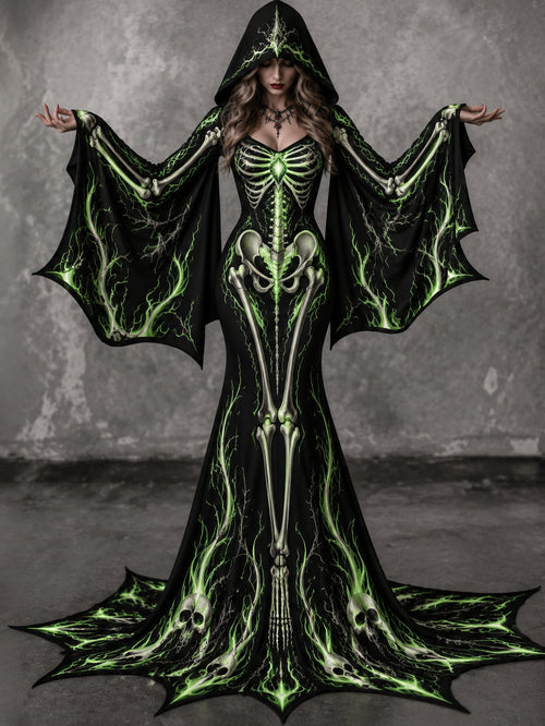 Women's Vintage Gothic Skeleton Batwing Flare Sleeve Round Neck Bodycon Maxi Dress With Hooded – Halloween Costume
