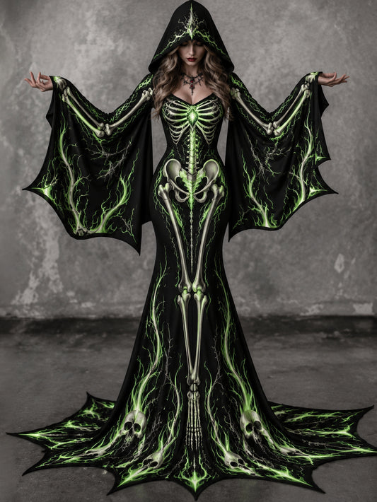 Women's Vintage Gothic Skeleton Batwing Flare Sleeve Round Neck Bodycon Maxi Dress With Hooded – Halloween Costume