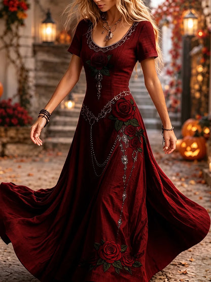 Women's Vintage Rose Art V-neck Short Sleeve Maxi Dress