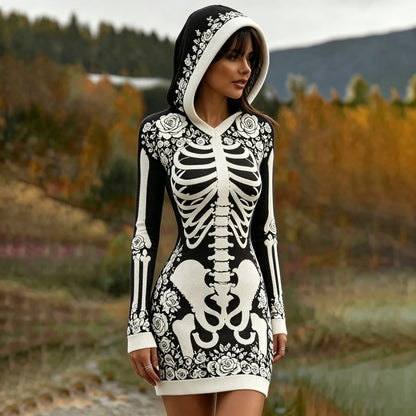 Women's Vintage Halloween Skeleton Bones With Rose Art Cozy Knit Hooded Sweater Dress