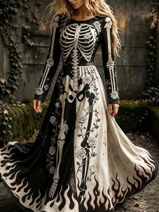 Women's Vintage Halloween Color Block Skeleton And Floral Art Print Crew Neck Long Sleeve Maxi Dress