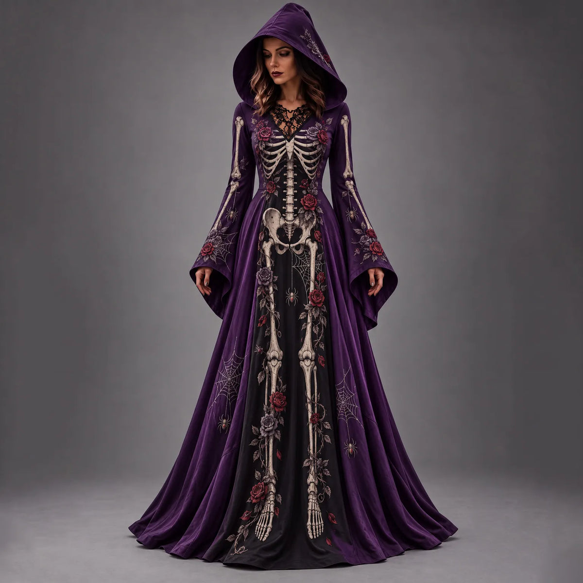 Women's Halloween Gothic Skeleton & Floral Long-sleeve Hooded Long Dress