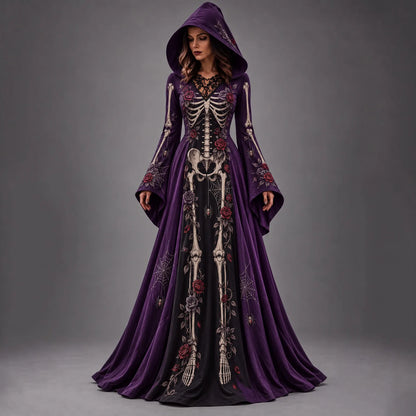 Women's Halloween Gothic Skeleton & Floral Long-sleeve Hooded Long Dress