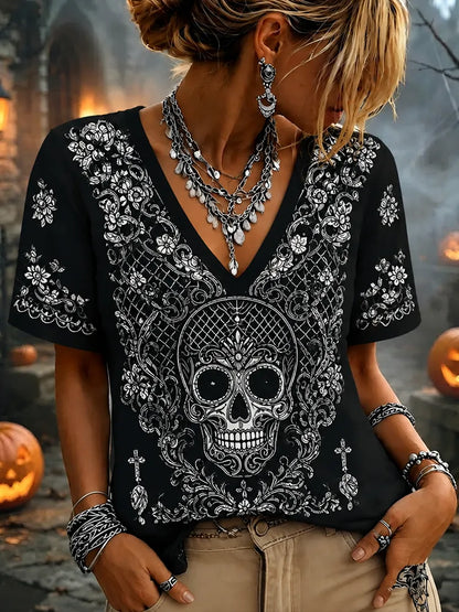 Women's Gothic Skull Embroidered V-neck Tee