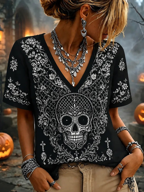 Women's Gothic Skull Embroidered V-neck Tee