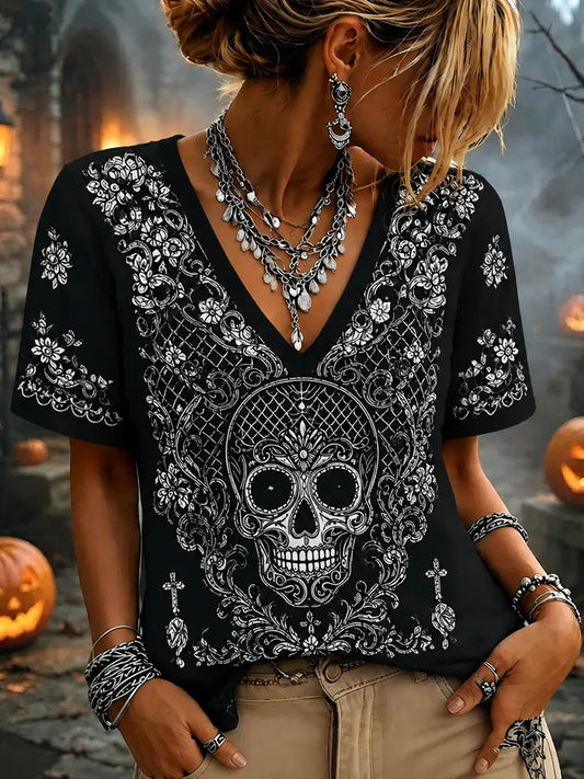 Women's Gothic Skull Embroidered V-neck Tee