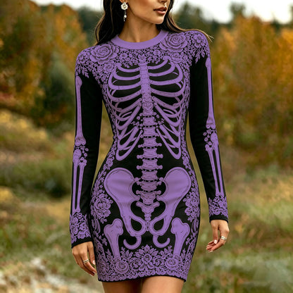 Women's Gothic Skeleton White Rose Art Print Bodycon Mini Dress