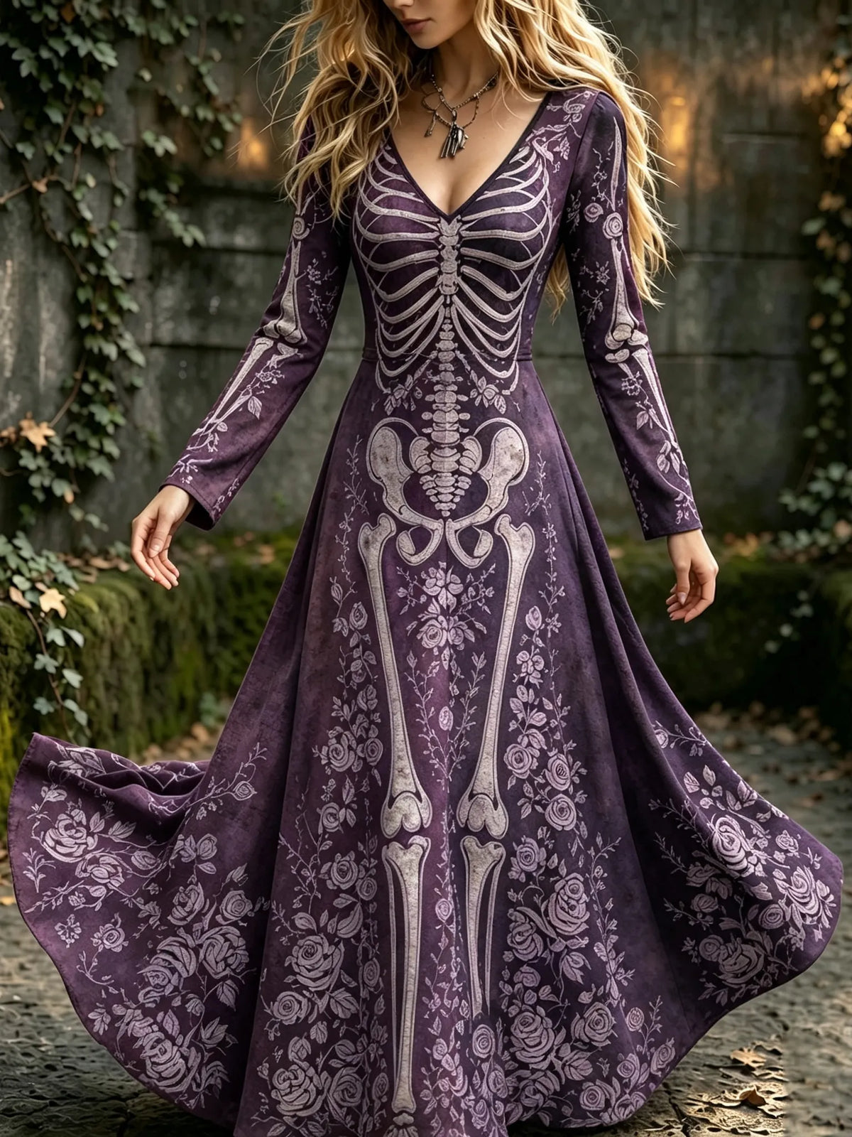 Women's Retro Halloween Gothic Floral Pattern Print V-neck Maxi Dress
