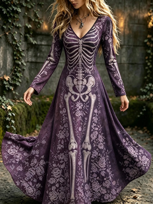 Women's Retro Halloween Gothic Floral Pattern Print V-neck Maxi Dress