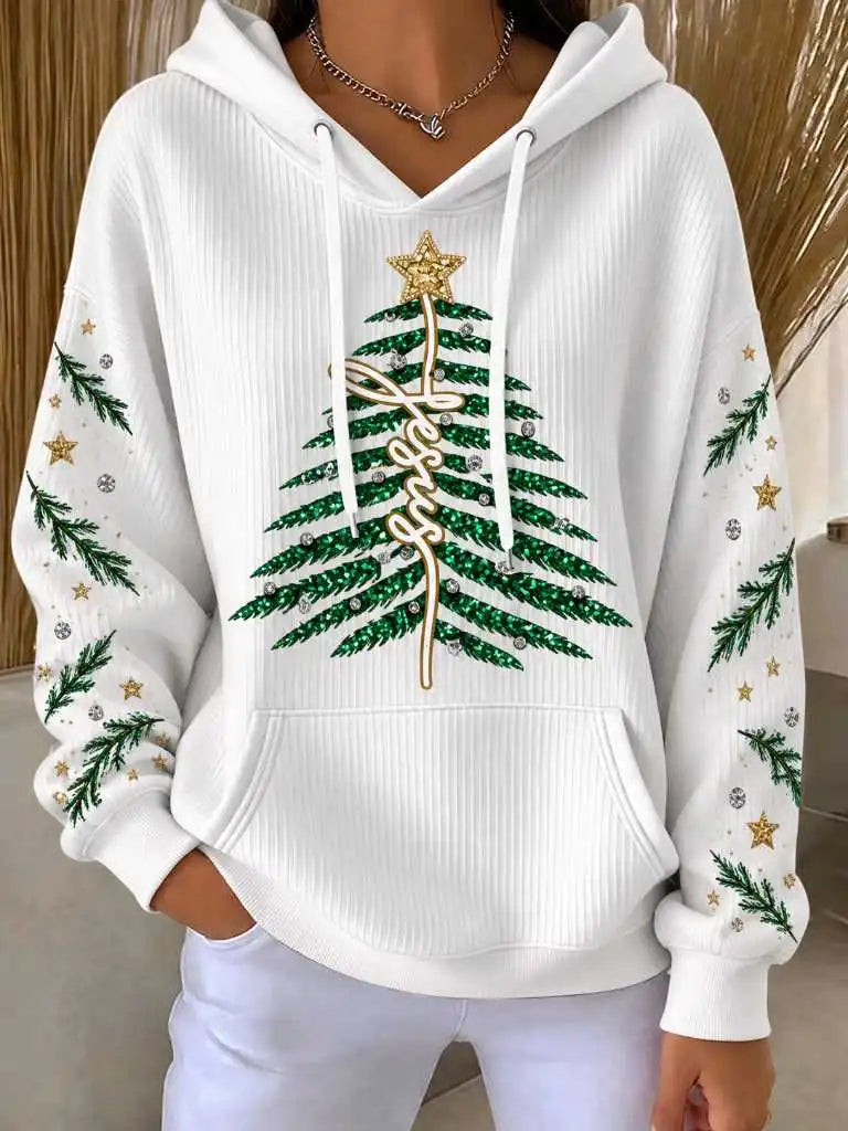 Women Jesus Christmas Tree Glitter Print White Hoodie