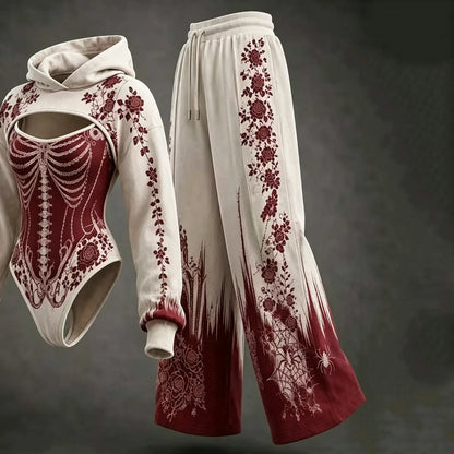 Women's Halloween Bloodstained Bone Floral Spider Web Hoodie Three-piece Set