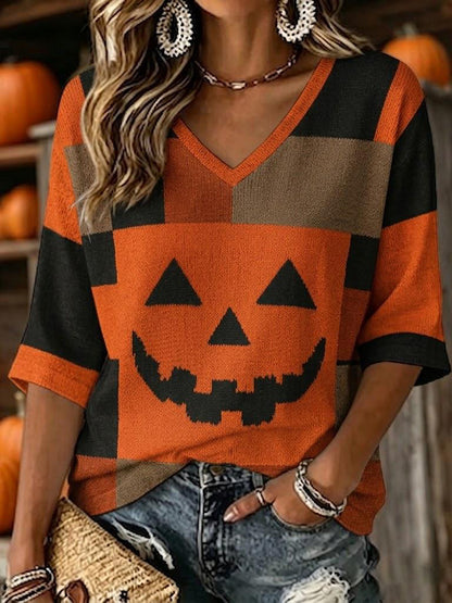Women's Vintage Patchwork Halloween Pumpkin Face Art Printed Mid-length Sleeves V-neck T-shirt