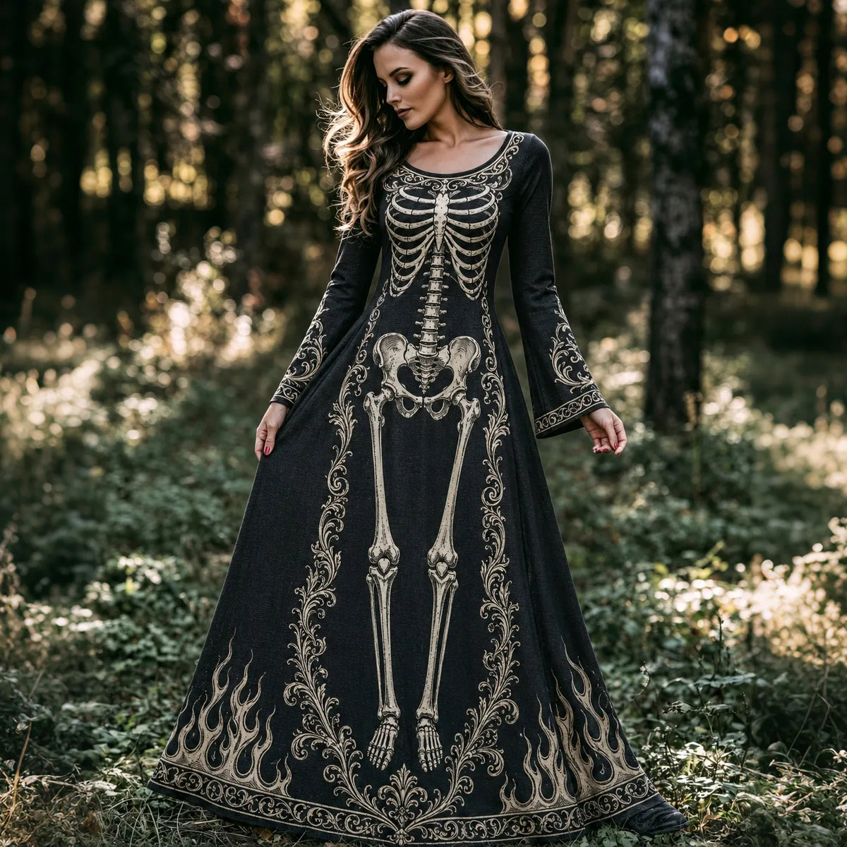 Women's Retro Halloween Gothic Skeleton And Floral Pattern Crew Neck Dress