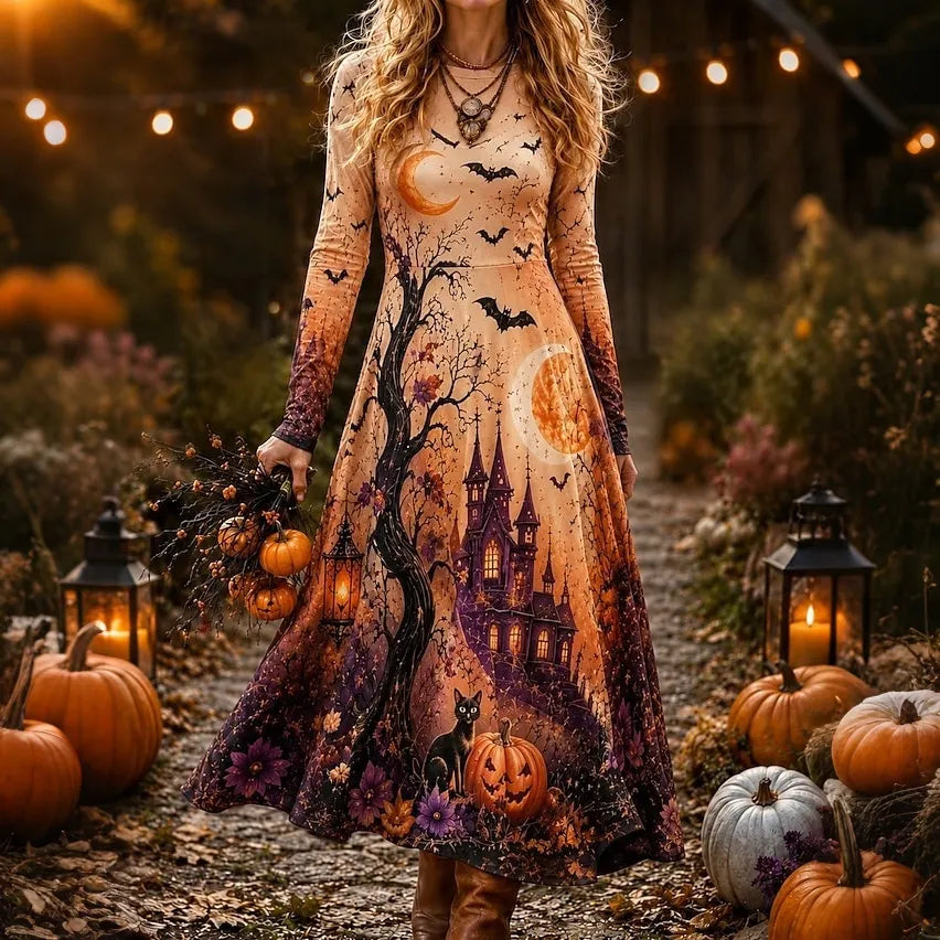Women's Retro Halloween Castle Pumpkin Black Cat Bat Print Round Neck Long Sleeve Dress
