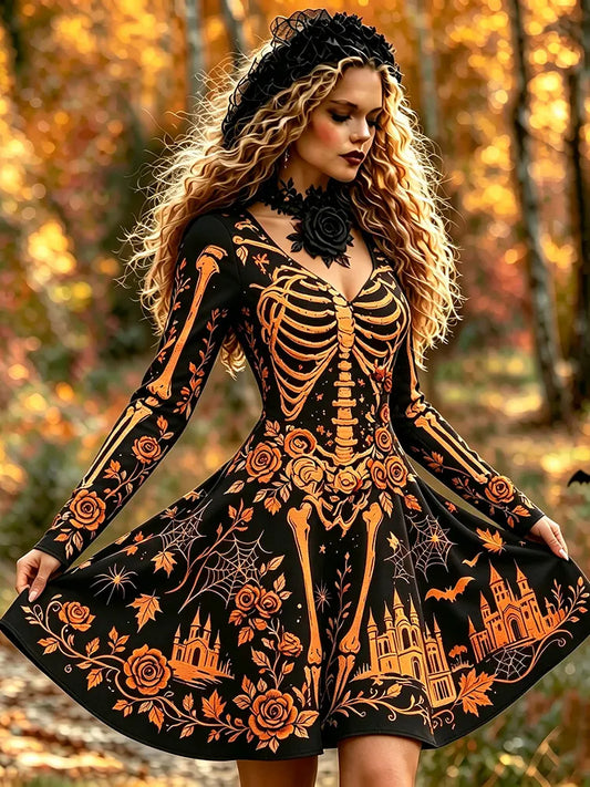 Women's Skeleton Haunted Castle Rose Print Gothic Halloween Mini Dress