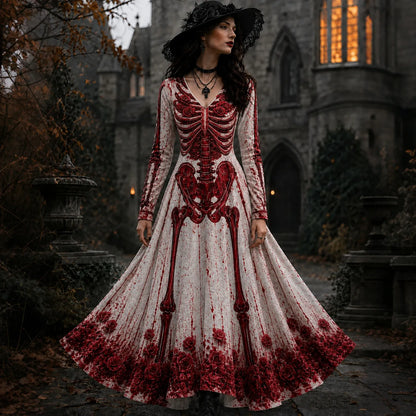 Women's Halloween Retro Gothic Skull Floral Print V-neck Maxi Dress