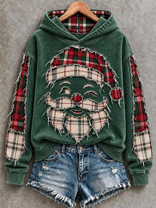 ✨Early Bird Christmas | Buy 3, Get 20% Off the Lowest-Priced Item✨Vintage Green Buffalo Plaid Distressed Santa Christmas Hoodie