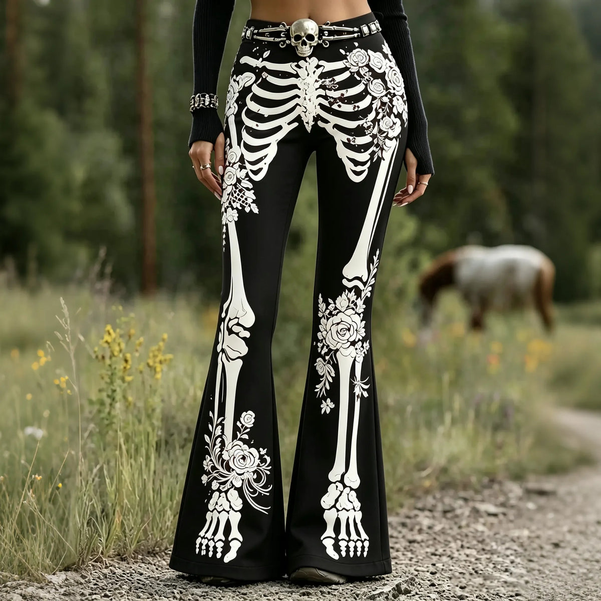 Women’s Goth Skeleton Floral Print Flare Pants