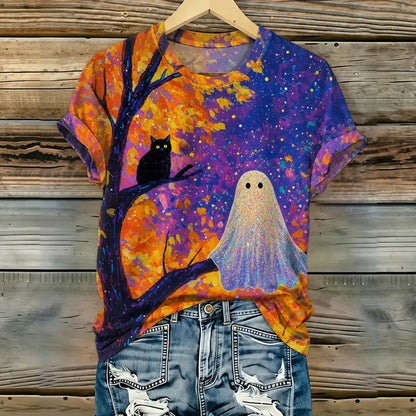 Women's Retro Halloween Theme Cat Ghost Print Casual T-shirt