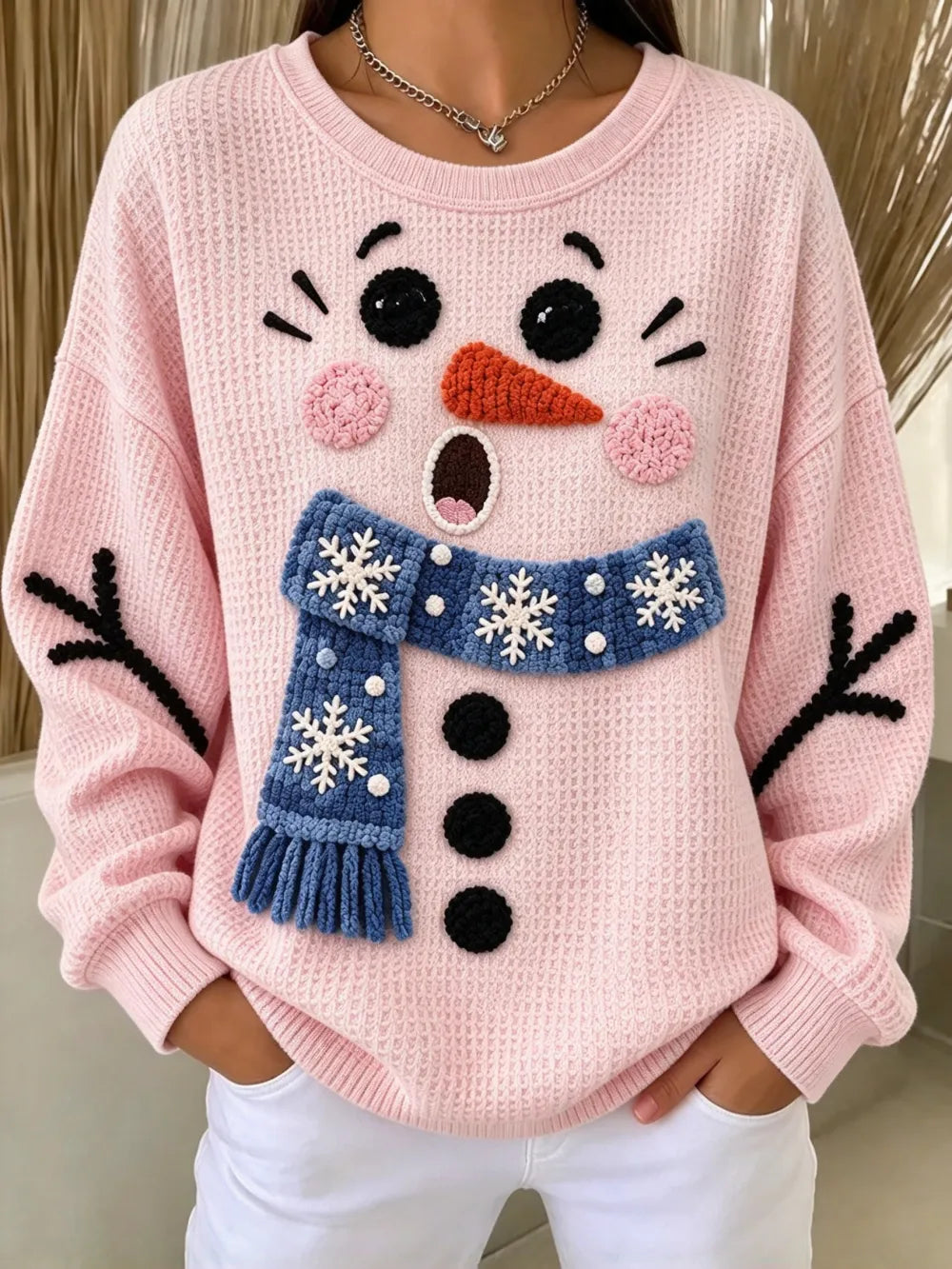 Women's cSnowman Face and Scarf Print Sweatshirt